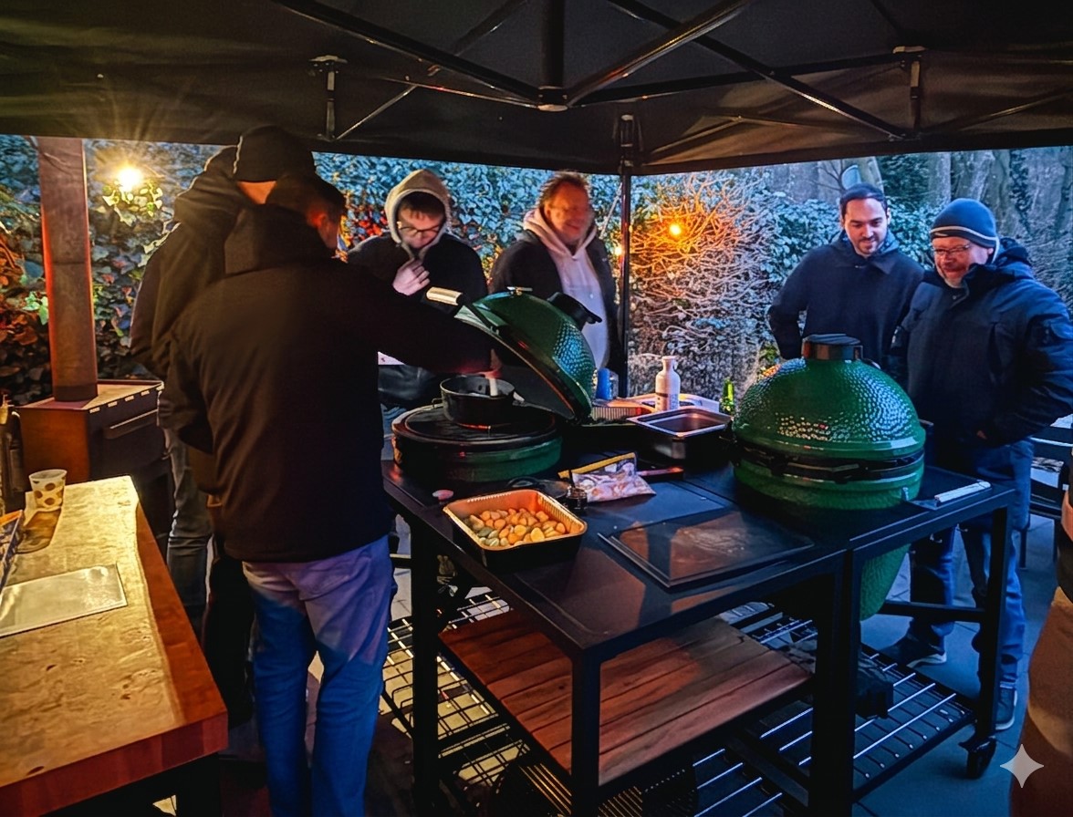 BBQ workshop deelnemers rond de grill